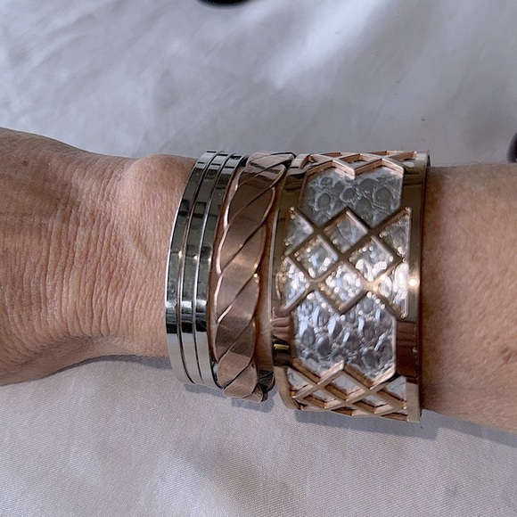 Modern Rose Gold & Silver Tone Snakeskin Textured Lattice Cuff Bracelet - Picture 10 of 11